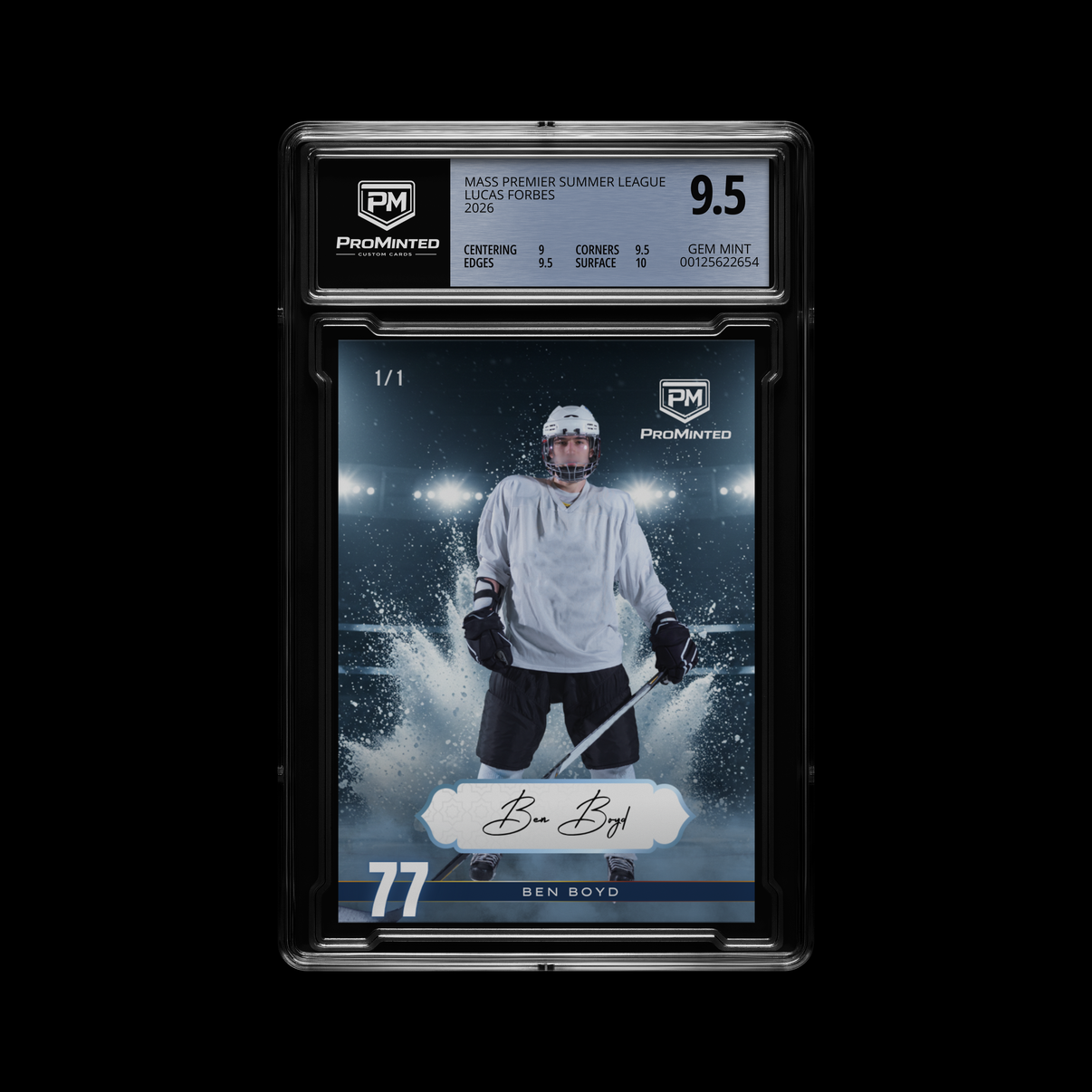 Custom personalized youth hockey trading card featuring a player photo, jersey number, signature, team details, and dramatic ice arena background.